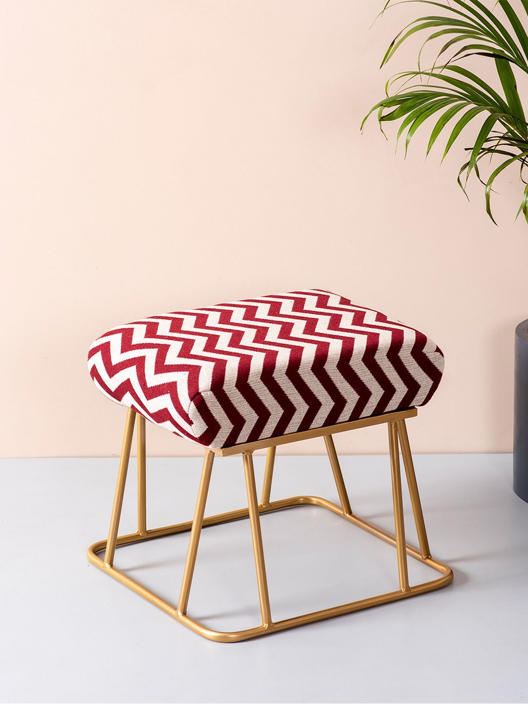Nestroots Gold-Toned & Red Chevron Printed Ottoman Price in India