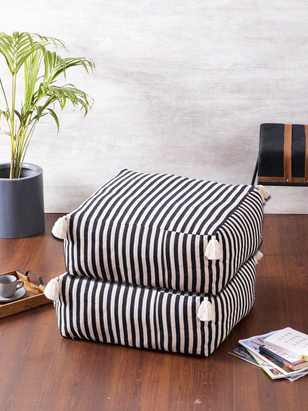 nestroots Set of 2 Black & White Striped Cotton Ottomans Price in India
