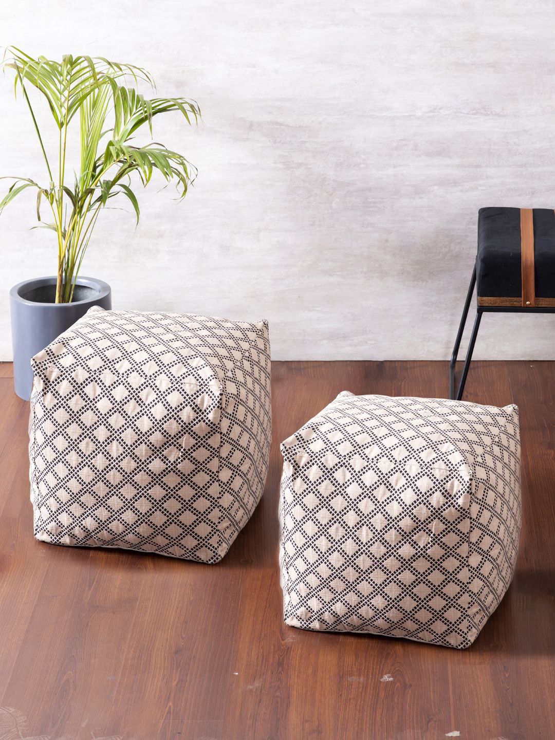 nestroots Set of 2 Beige & White Woven Design Cotton Ottomans Price in India