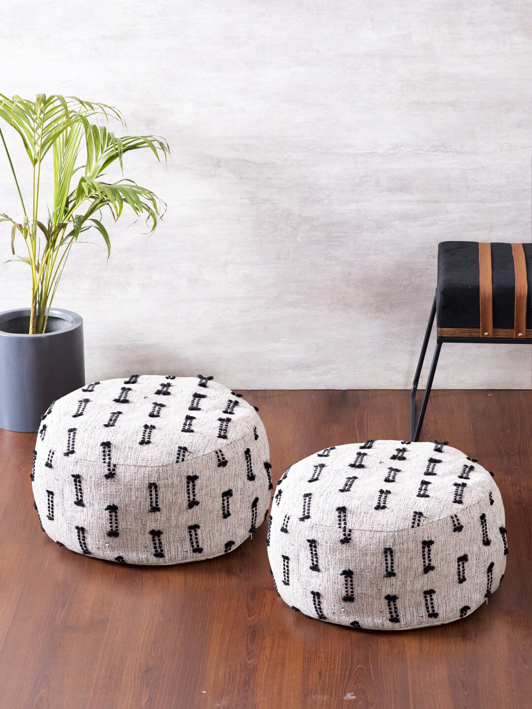 nestroots Set of 2 White & Black Geometric Printed Cotton Ottomans Price in India