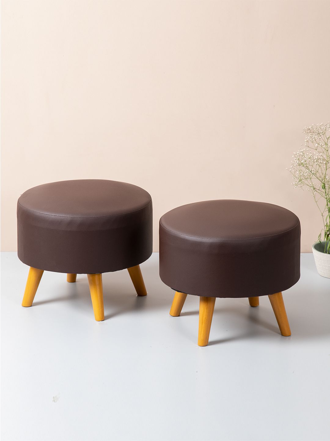 Nestroots Set Of 2 Brown Solid Round Cotton Poufy Ottomans Price in India