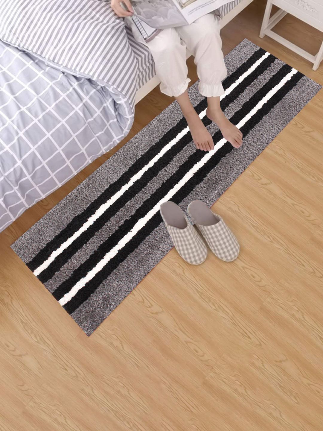 LUXEHOME INTERNATIONAL Grey & Black Striped Floor Runner Price in India