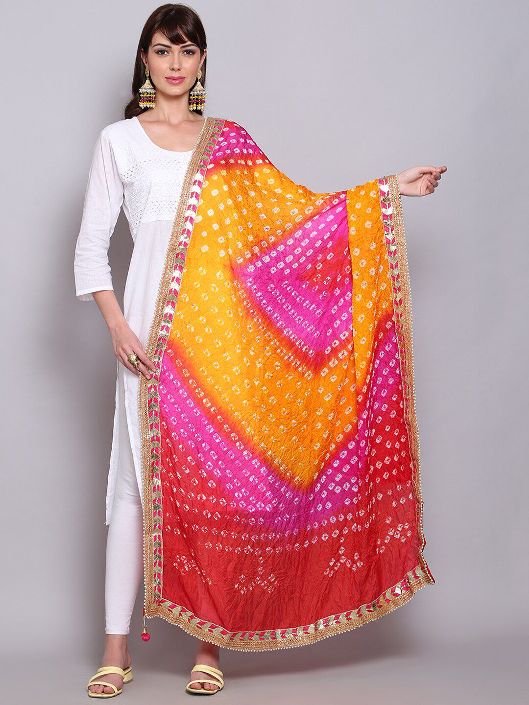 Miaz Lifestyle Red & Yellow Woven Design Art Silk Leheriya Dupatta with Gotta Patti Price in India