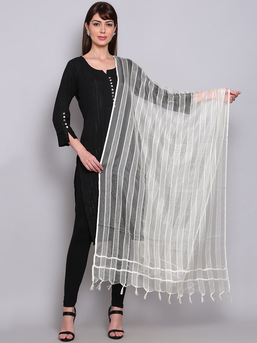 Miaz Lifestyle Off White Striped Art Silk Dupatta Price in India