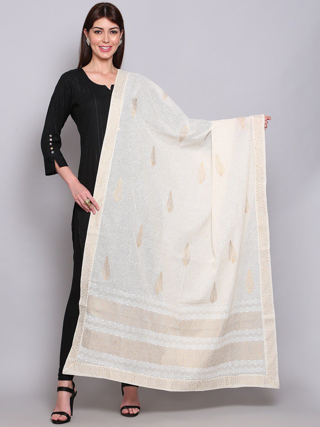 Miaz Lifestyle Off White & Gold-Toned Ethnic Motifs Printed Pure Cotton Dupatta Price in India