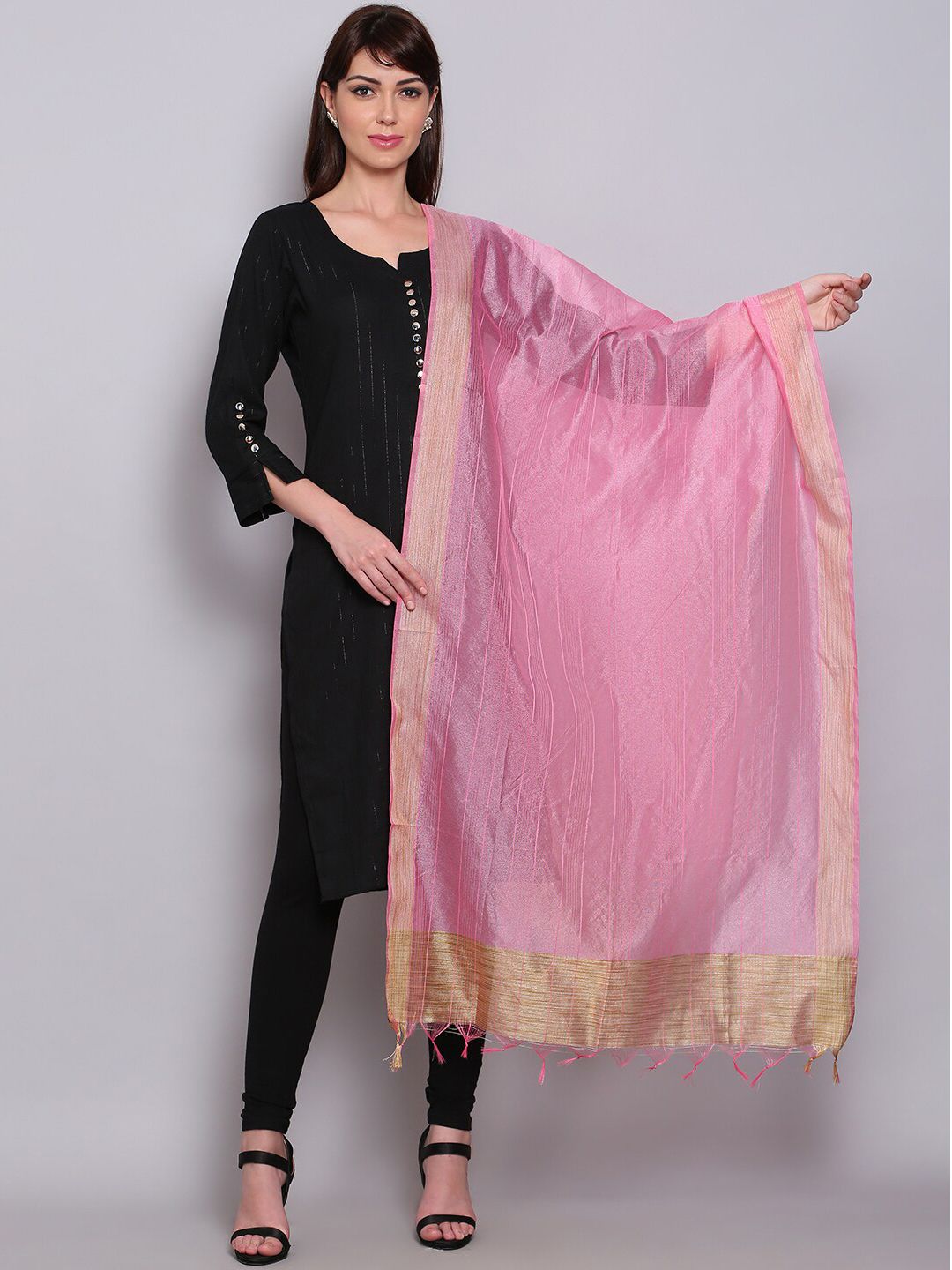 Miaz Lifestyle Pink & Golden Woven Design Dupatta Price in India