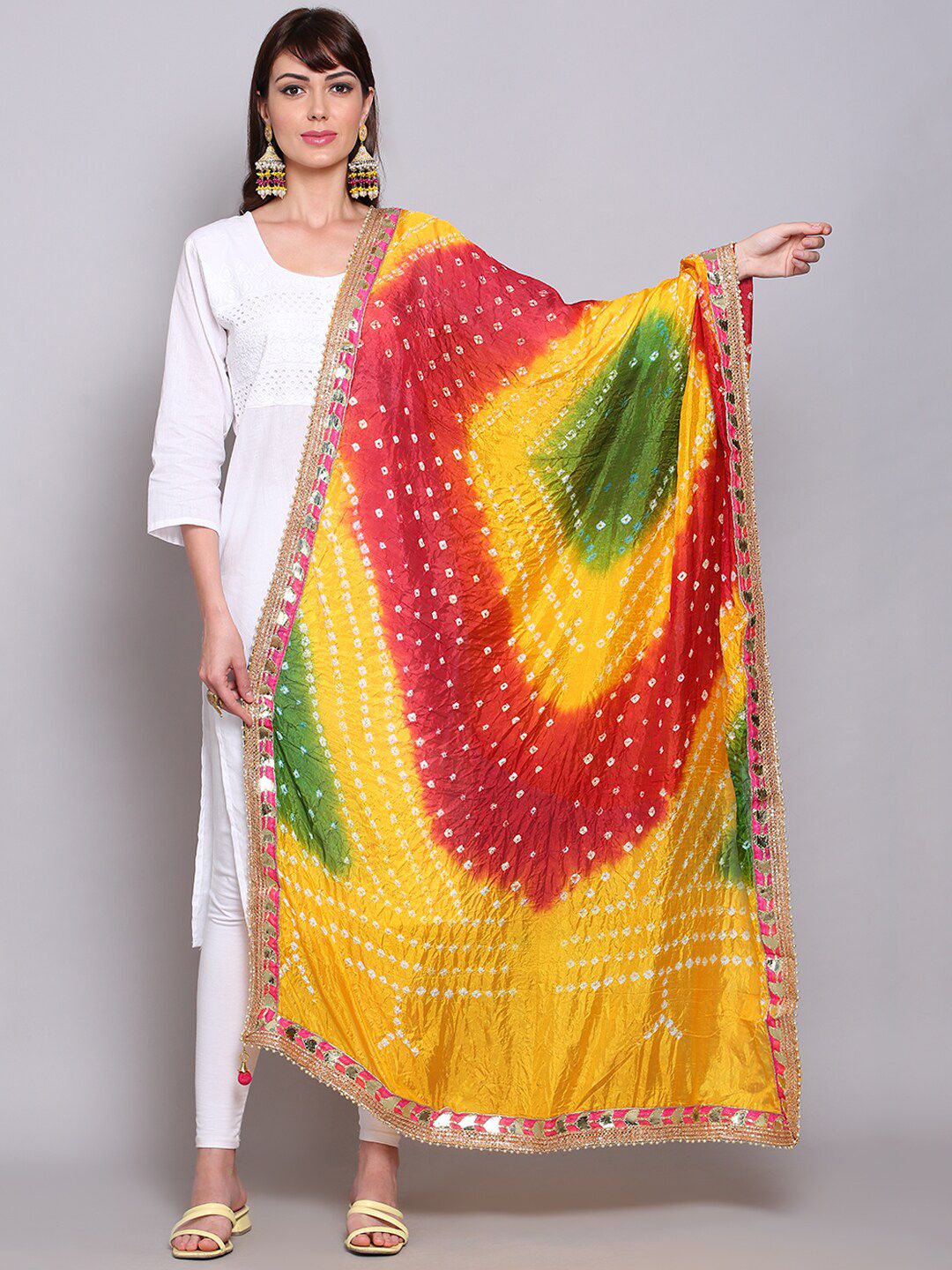 Miaz Lifestyle Yellow & Red Printed Art Silk Bandhani Dupatta with Gotta Patti Price in India