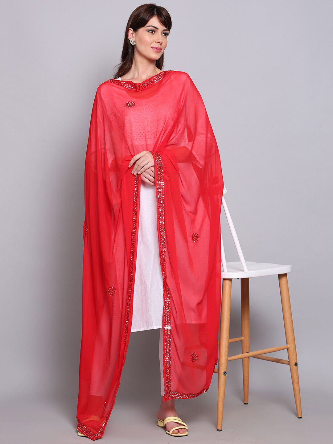 Miaz Lifestyle Red & Silver-Toned Ethnic Motifs Woven Design Dupatta with Mirror Work Price in India