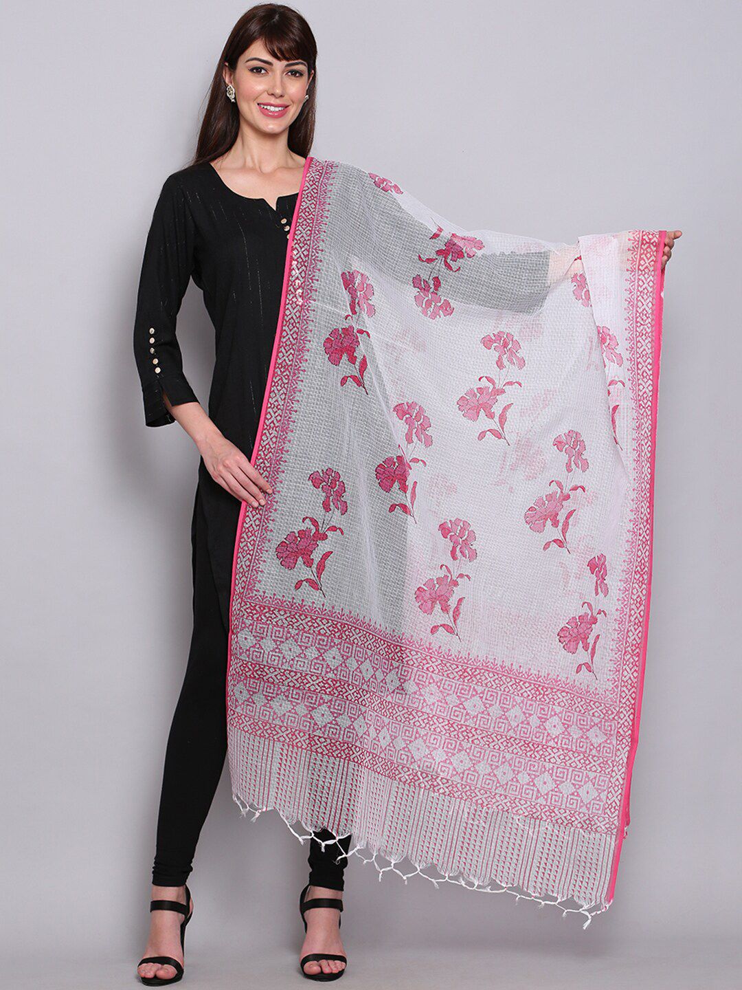Miaz Lifestyle White & Pink Ethnic Motifs Printed Dupatta