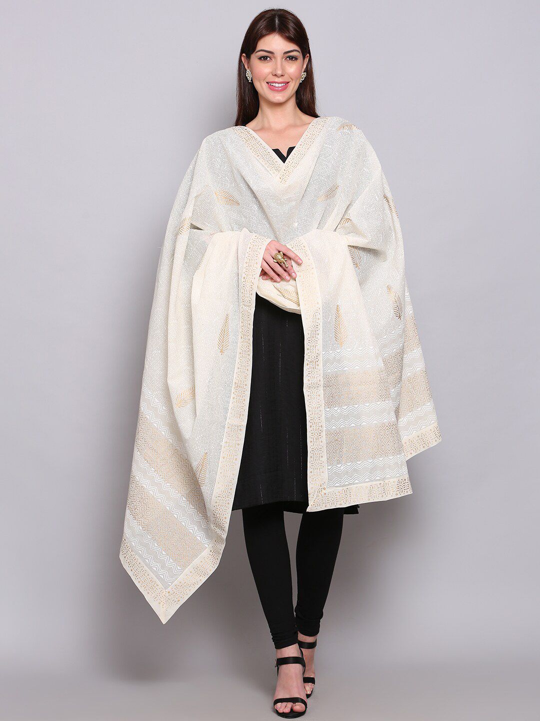 Miaz Lifestyle Off White & Gold-Toned Ethnic Motifs Printed Pure Cotton Dupatta Price in India