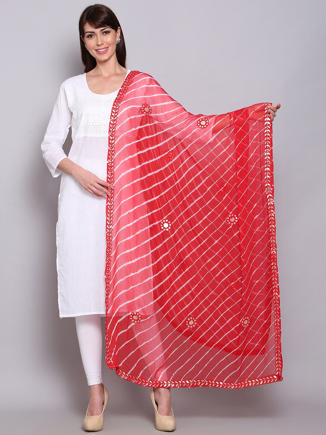 Miaz Lifestyle Red & White Printed Leheriya Dupatta with Mirror Work Price in India