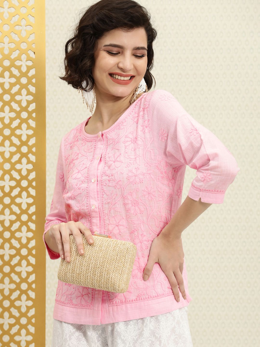 House of Pataudi Pink Floral Chikankari Pure Cotton Rozana Top