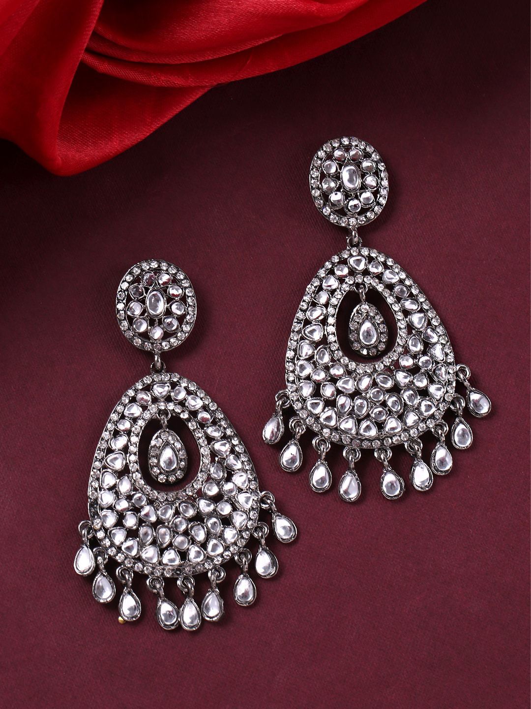 Yellow Chimes Black & Silver-Plated Studded Drop Earrings Price in India