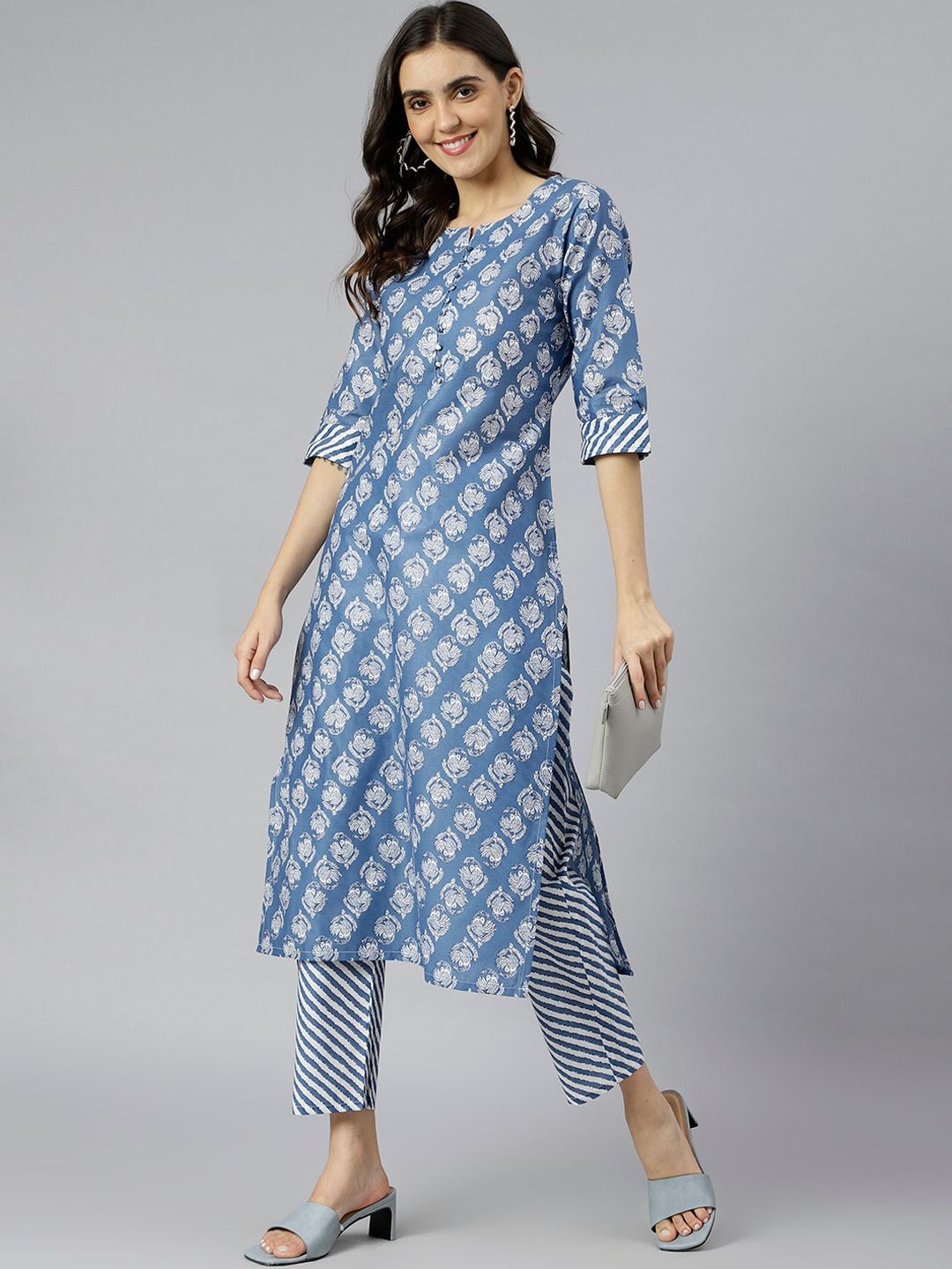 KALINI Women Blue & White Ethnic Motifs Printed Kurta with Trousers Price in India