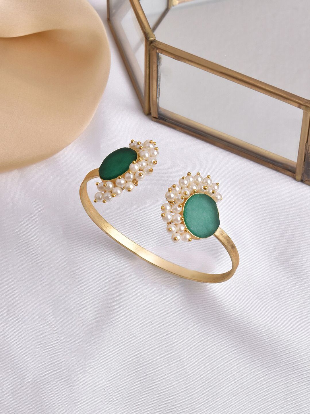 TEEJH Women Gold-Toned & Green Pearl Cuff Bracelet Price in India