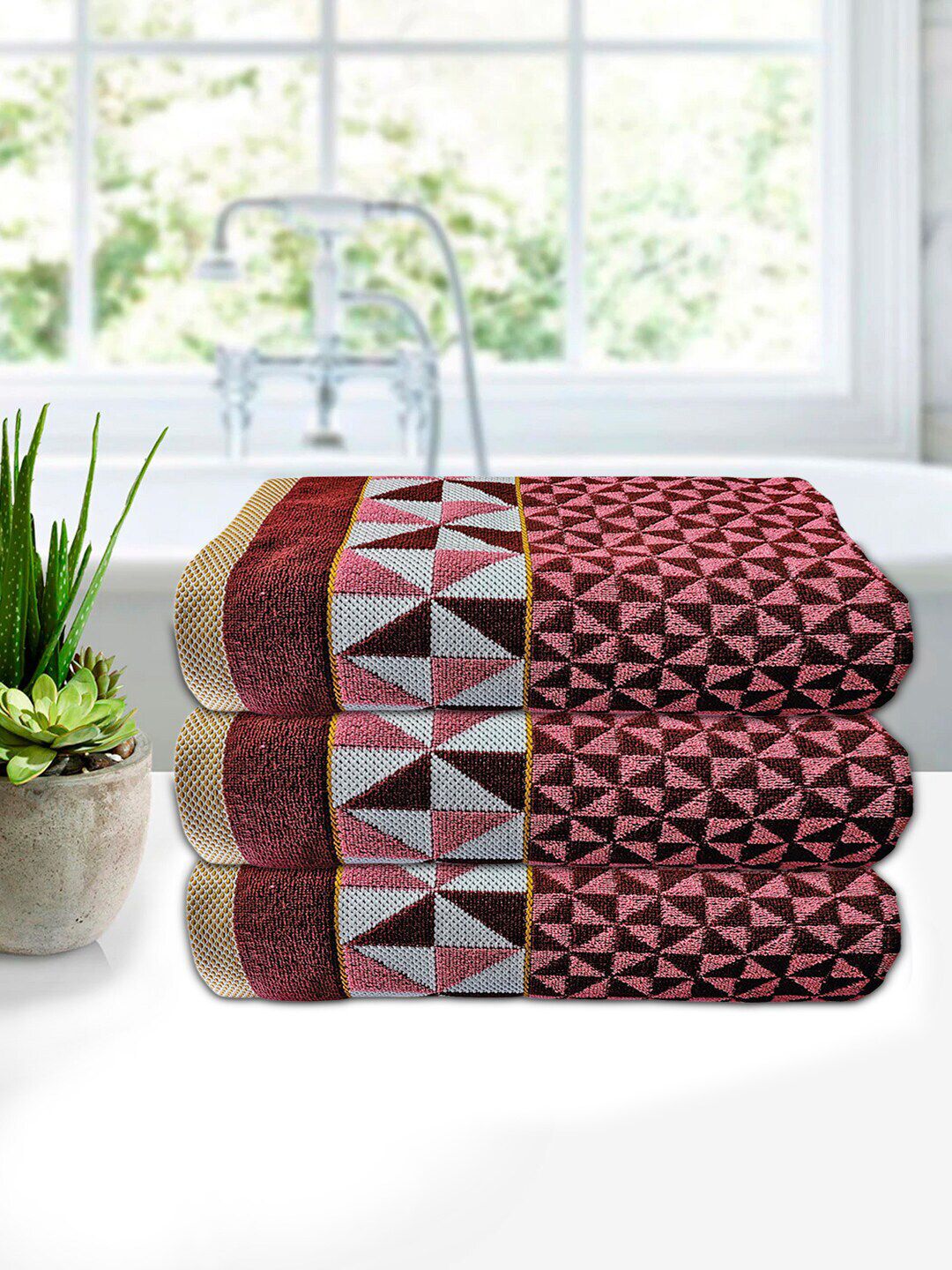 Kuber Industries Pack Of 3 Maroon Printed Pure Cotton Bath Towels Price in India