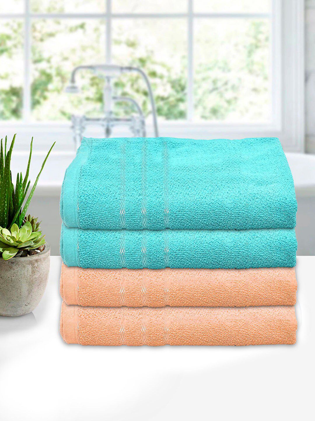 Kuber Industries Unisex Kids Set Of 4 Peach Colored & Blue Solid 210 GSM Soft Cotton Bath Towel Price in India