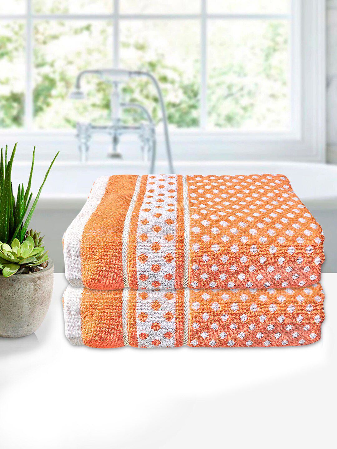 Kuber Industries Set of 2 Orange & White Printed 400 GSM Pure Cotton Bath Towels Price in India