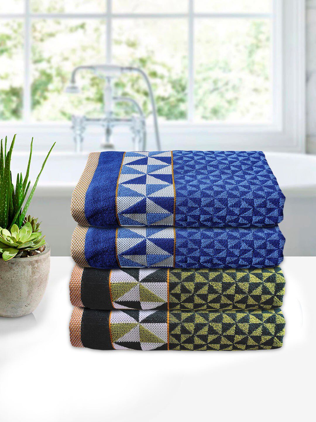 Kuber Industries Set of 4 Green & Blue Printed 400 GSM Pure Cotton Bath Towels Price in India