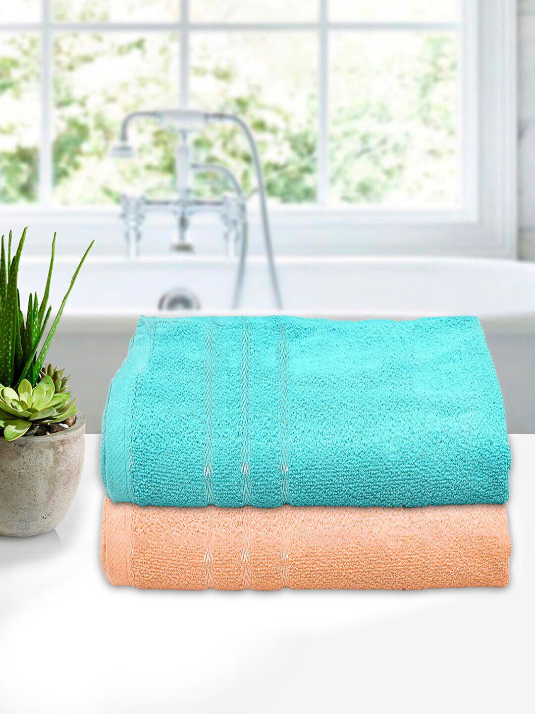 Kuber Industries Unisex Kids Set of 2 Blue & Peach Colored Solid 210 GSM Soft Cotton Bath Towels Price in India