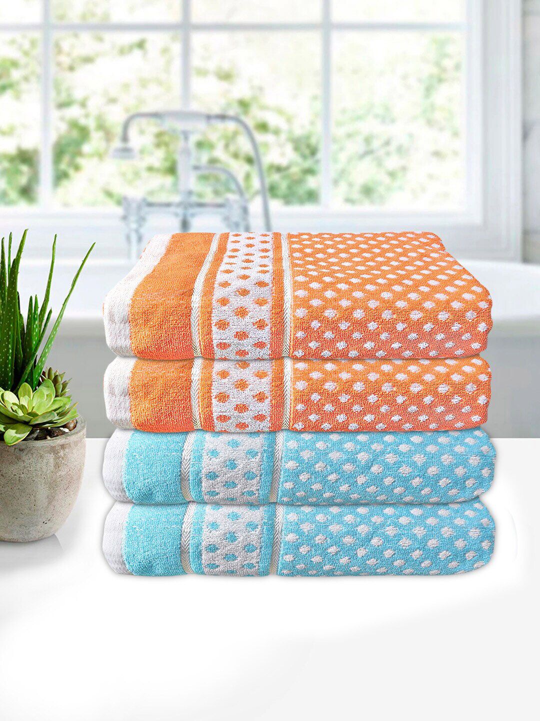 Kuber Industries Set of 4 Orange & Blue Printed 400 GSM Pure Cotton Bath Towels Price in India