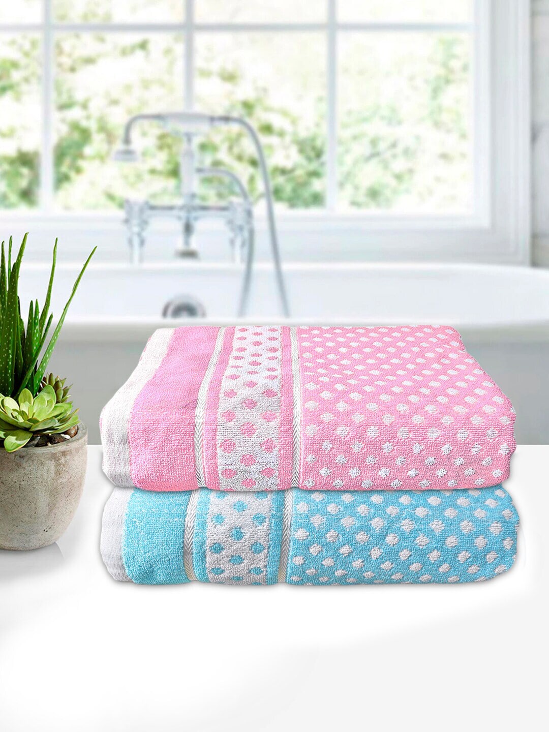Kuber Industries Pack Of 2 Pink & Blue Printed 400GSM Pure Cotton Bath Towels Price in India