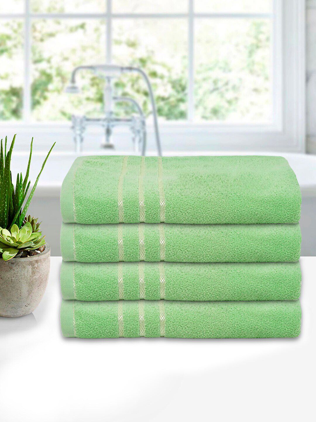 Kuber Industries Set Of 4 Green Solid 210GSM Cotton Bath Towels Price in India