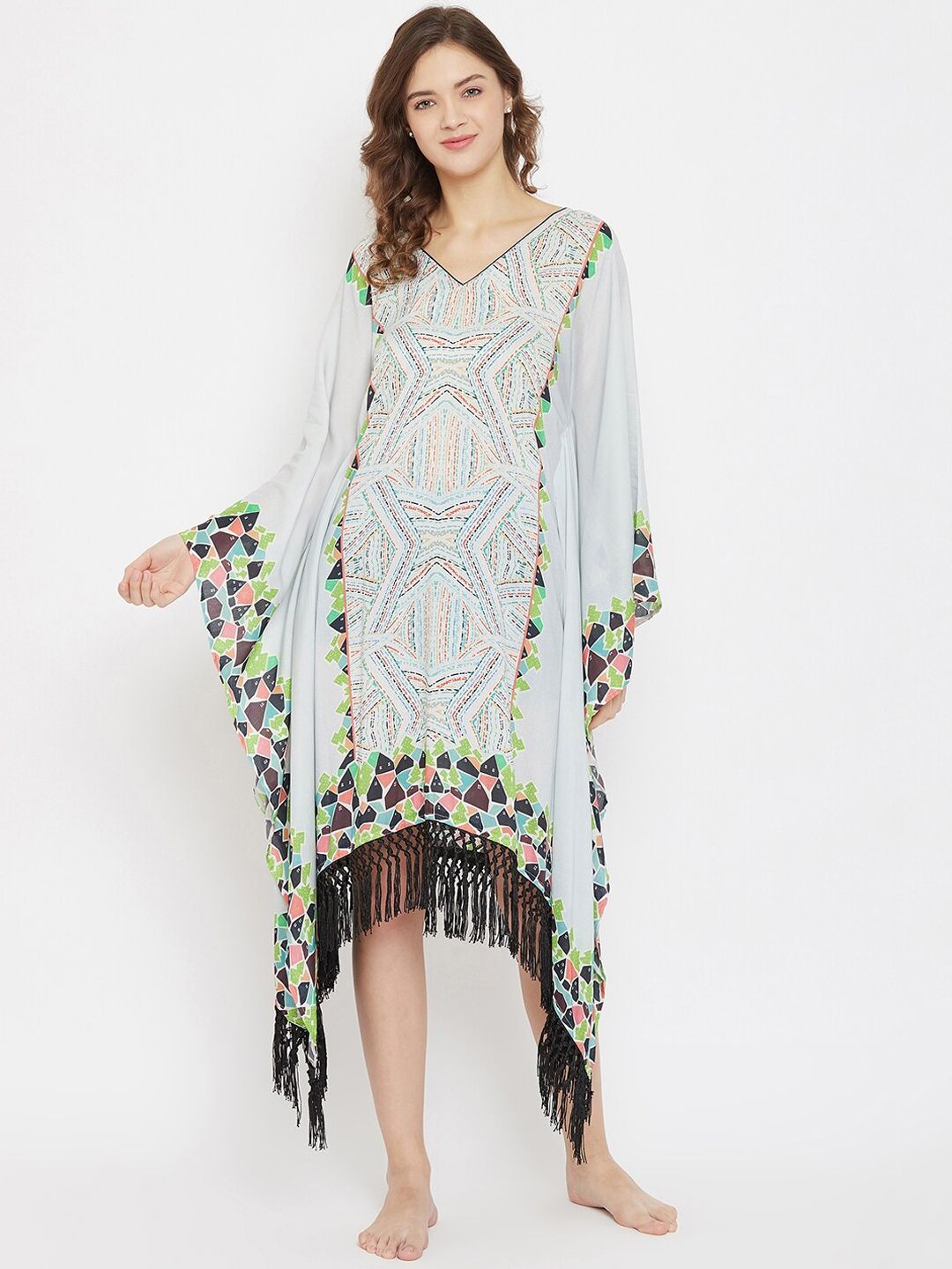 The Kaftan Company Women Grey & Blue Printed Kaftan Dress Price in India