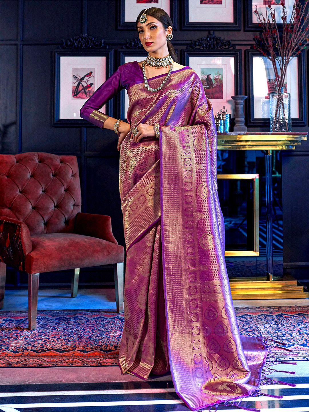 Mitera Purple Woven Design Kanjeevaram Silk Saree Price in India