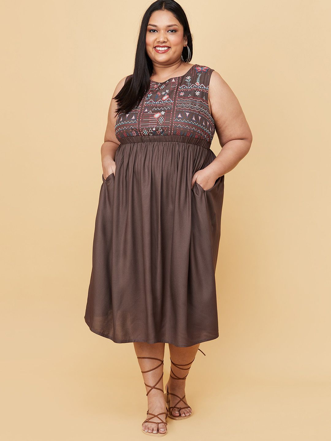 max Women Plus Size Charcoal Ethnic Motifs Tie-Up Neck Empire Midi Dress Price in India