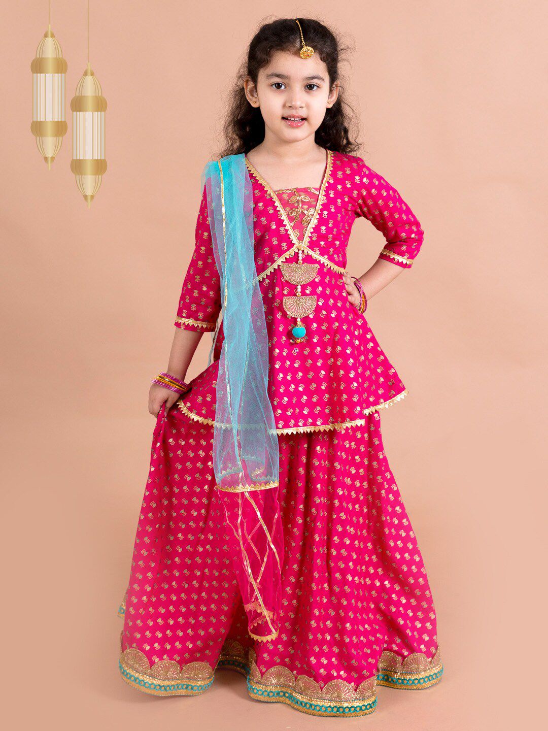 pspeaches Girls Magenta & Blue Printed Ready to Wear Lehenga & Blouse With Dupatta Price in India