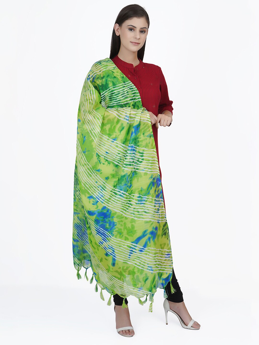 La Vastraa Women Green & Blue Dyed Kota Cotton Silk Zupatta Price in India