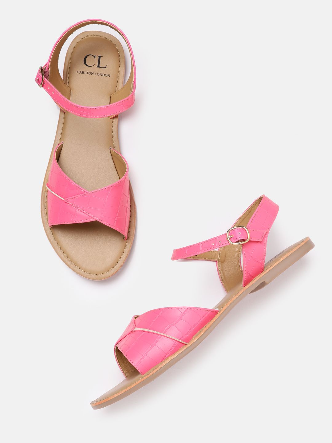 Carlton London Women Pink Croc Textured Open Toe Flats Price in India