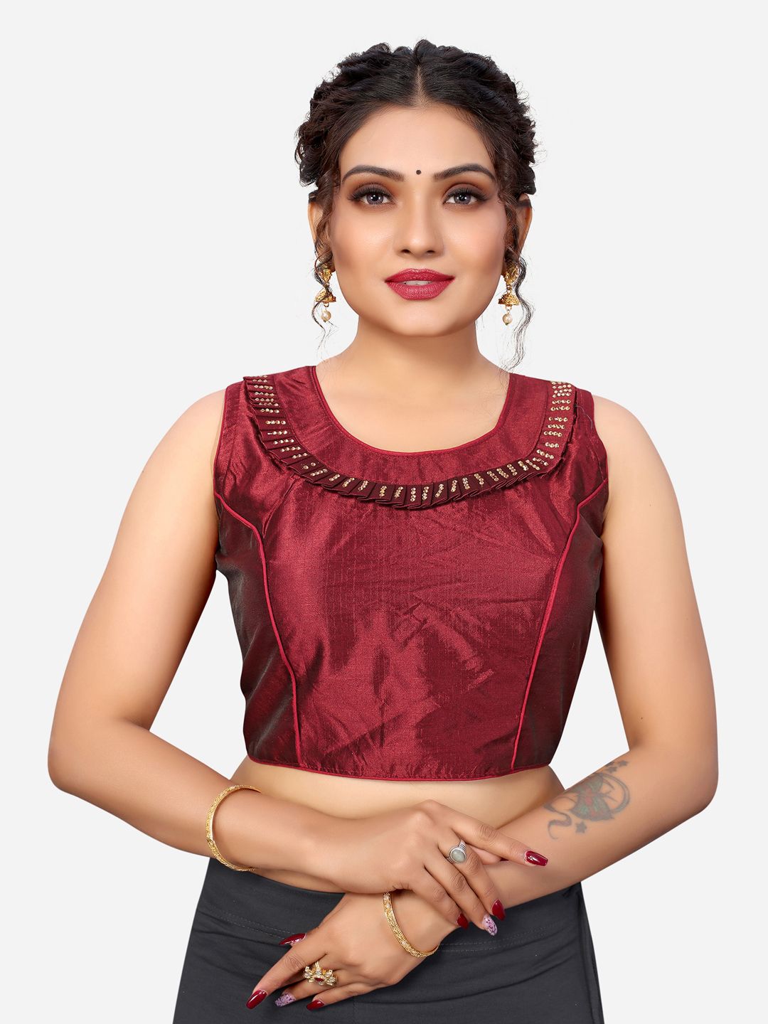 SIRIL Maroon Solid Silk Saree Blouse Price in India