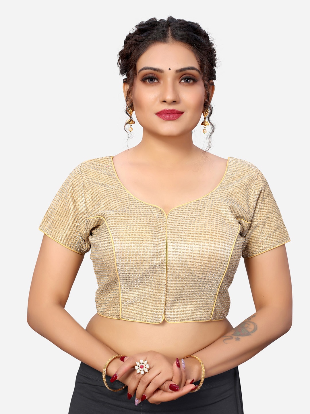 SIRIL Women Golden Woven Design Padded Saree Blouse Price in India