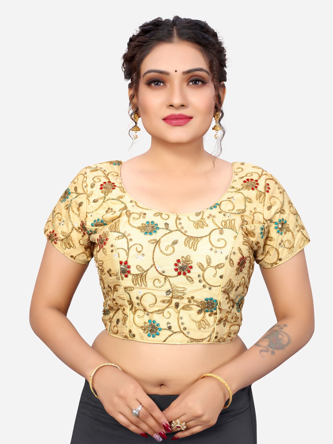 SIRIL Women Yellow Embellished Padded Saree Blouse Price in India
