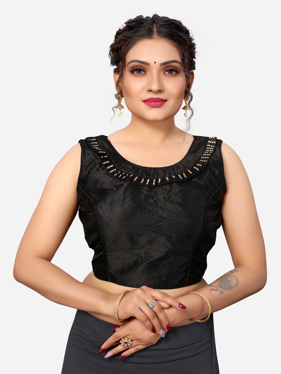 SIRIL Black Solid Silk Padded Saree Blouse Price in India