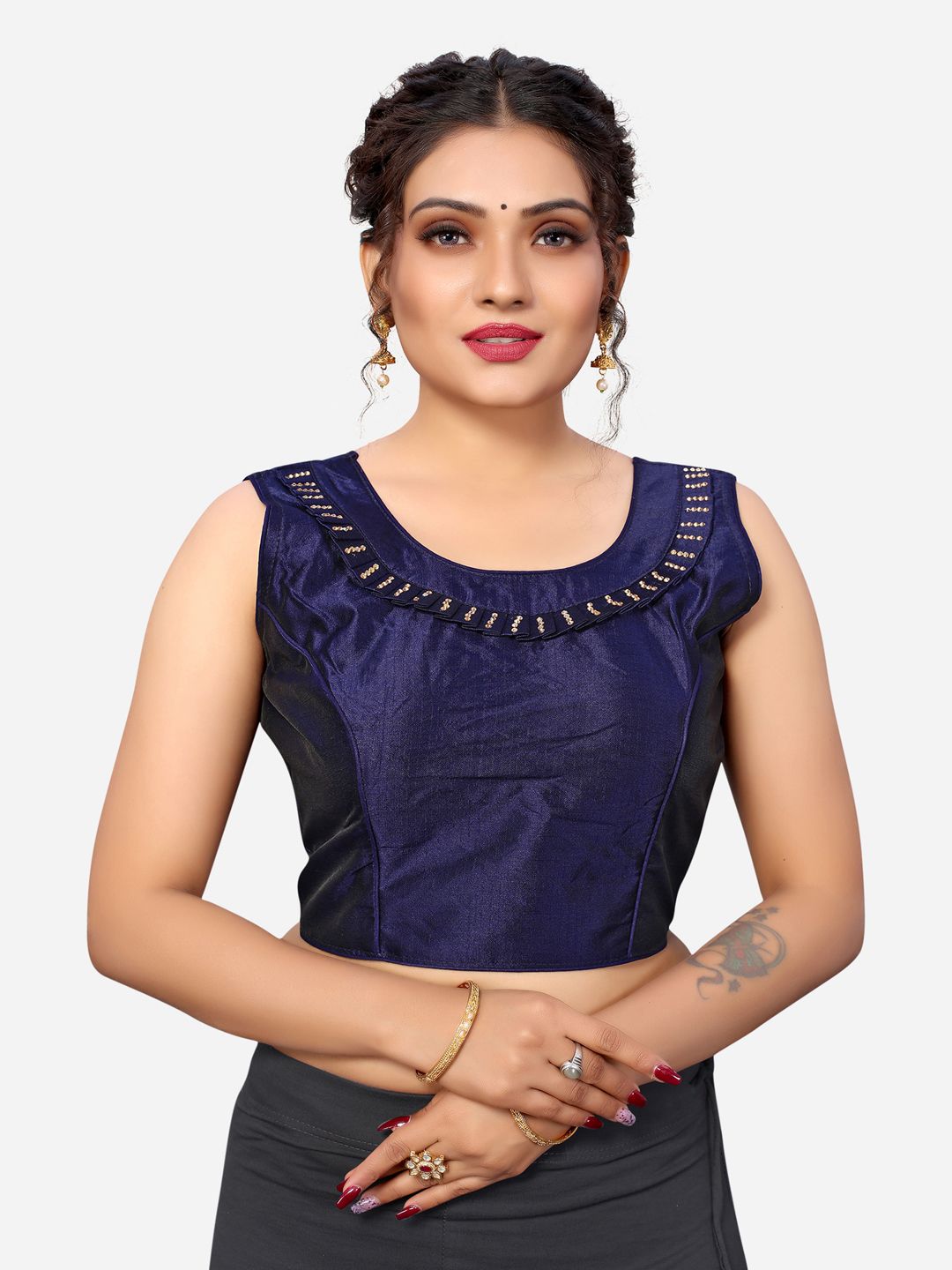 SIRIL Navy Blue Embellished Padded Silk Saree Blouse Price in India
