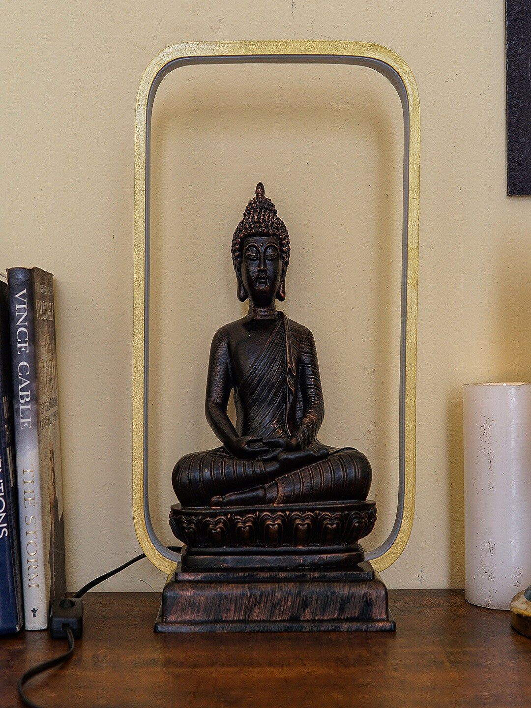 StatueStudio Black Textured  Buddha Idol With LED Frame Showpiece Price in India