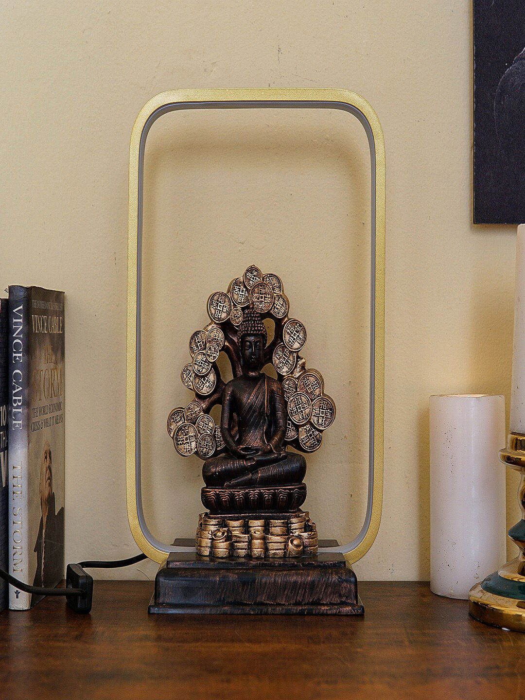 StatueStudio Black & Gold-Toned Buddha Tree Idol With Led Frame Statue Showpieces Price in India