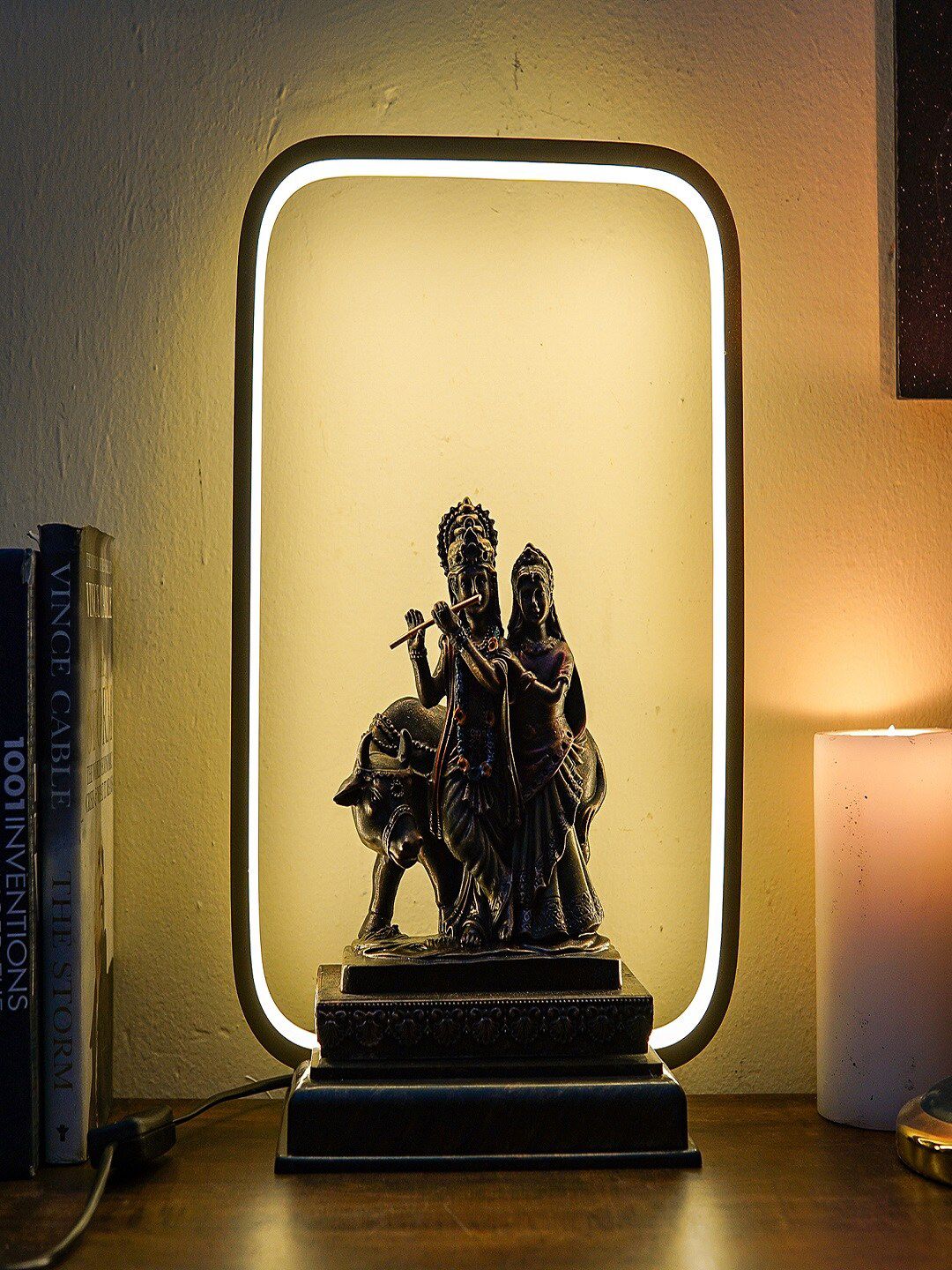 StatueStudio Black Radha Krishna With Cow Idol With LED Frame Statue Price in India