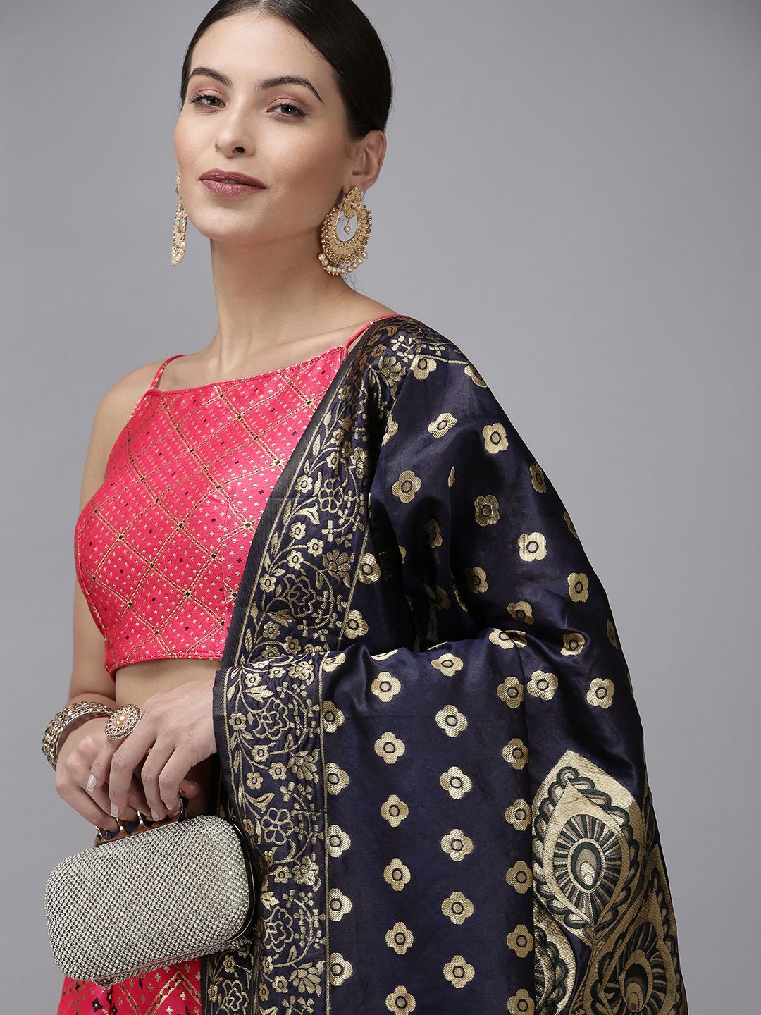 DIVASTRI Pink & Navy Blue Ready to Wear Lehenga & Unstitched Blouse With Dupatta Price in India