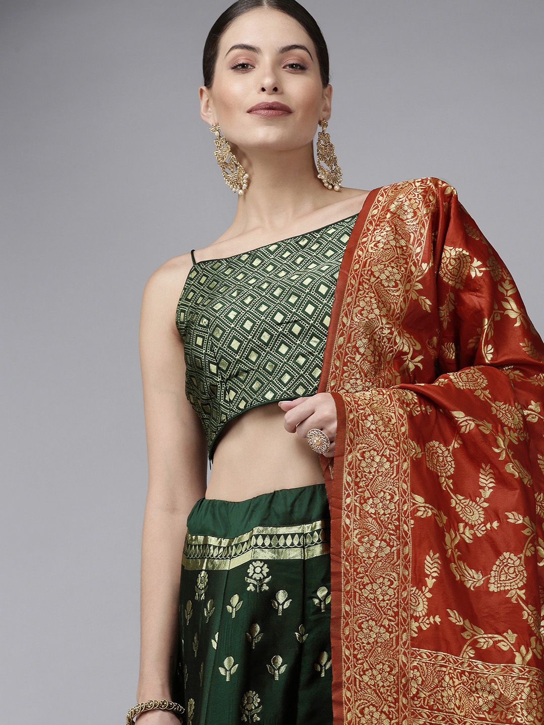 DIVASTRI Green & Red Ready to Wear Lehenga & Unstitched Blouse With Dupatta Price in India