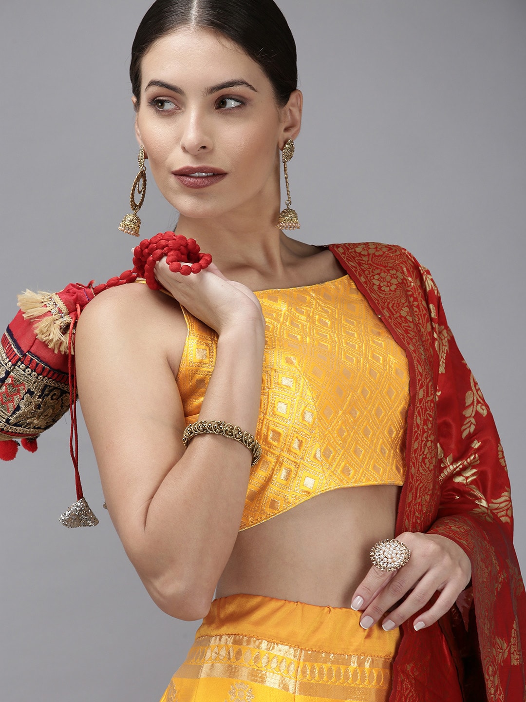 DIVASTRI Yellow & Red Ready to Wear Lehenga & Unstitched Blouse With Dupatta Price in India