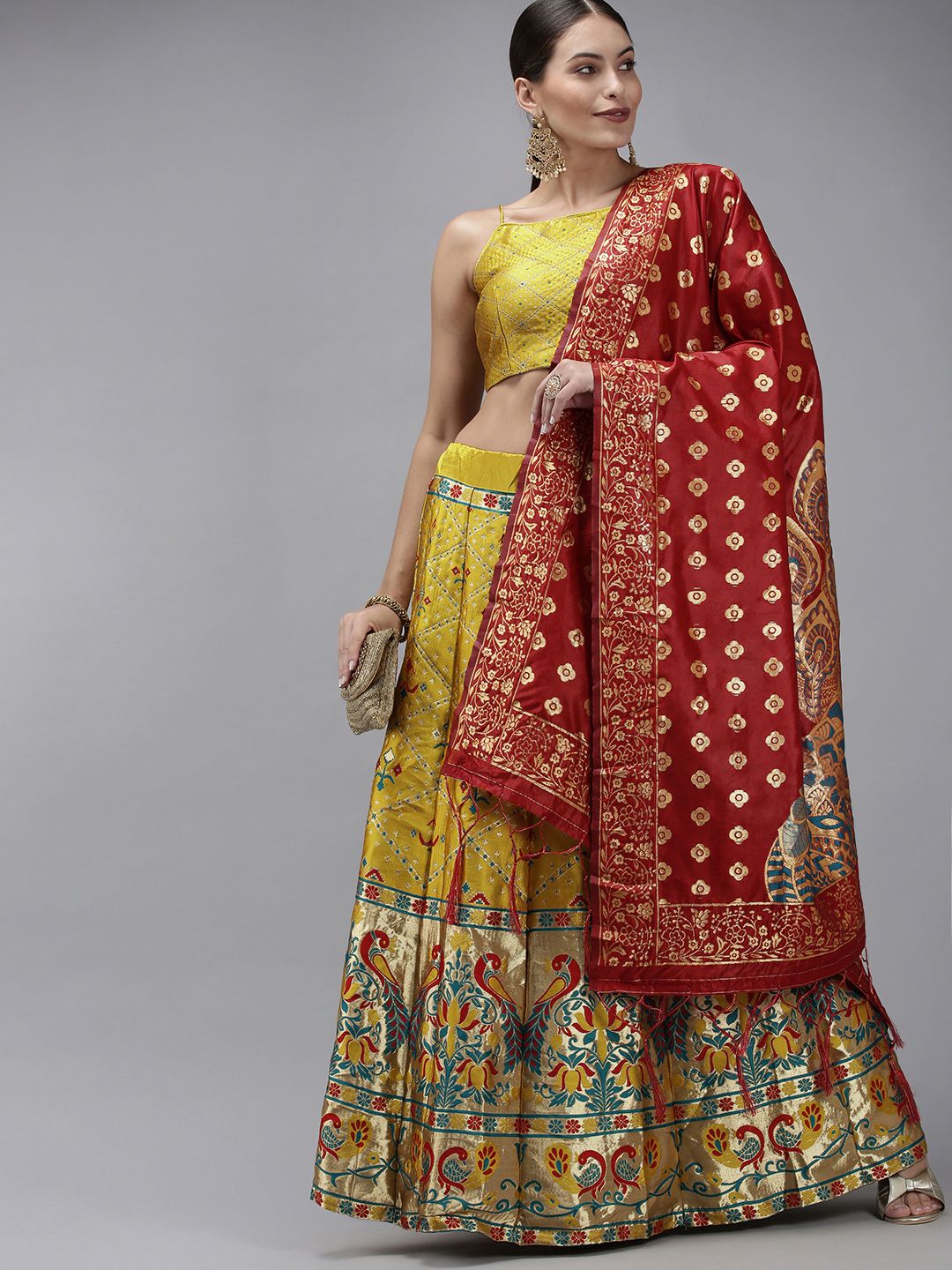 DIVASTRI Yellow & Red Ready to Wear Lehenga & Unstitched Blouse With Dupatta Price in India