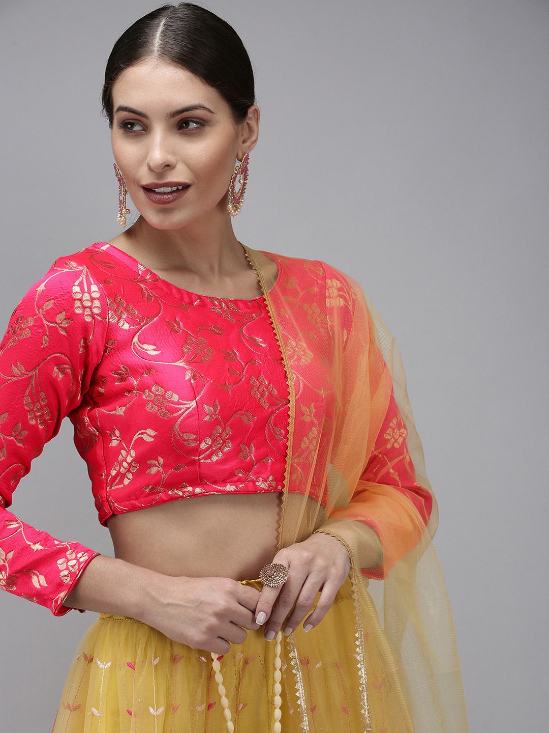 DIVASTRI Yellow & Pink Thread Work Ready to Wear Lehenga & Unstitched Blouse With Dupatta Price in India