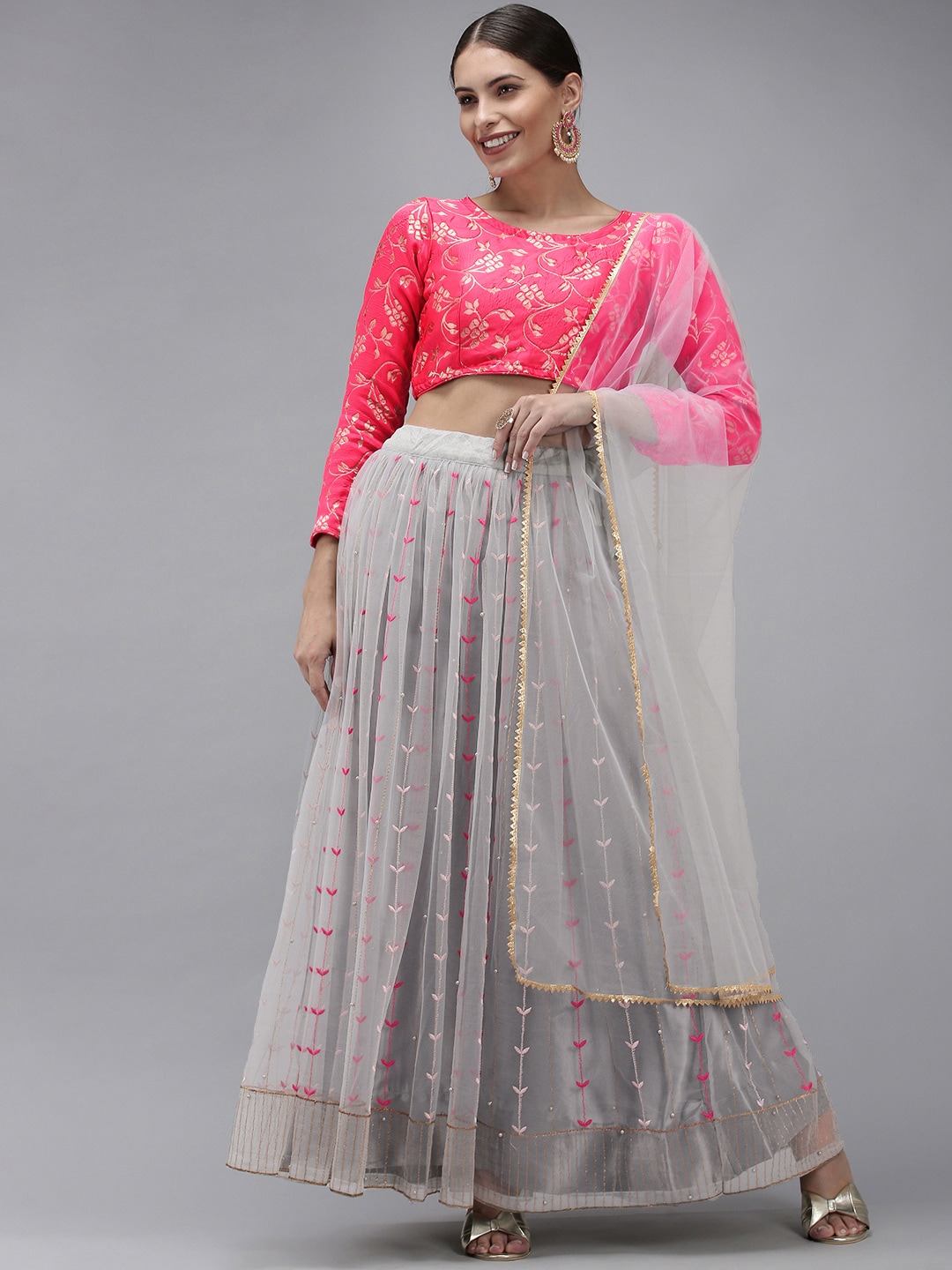DIVASTRI Grey & Pink Ready to Wear Lehenga & Unstitched Blouse With Dupatta Price in India