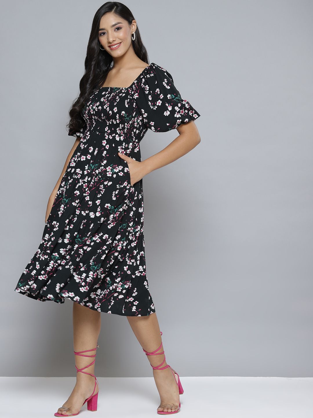 Femella Green Floral Formal A-Line Midi Dress Price in India
