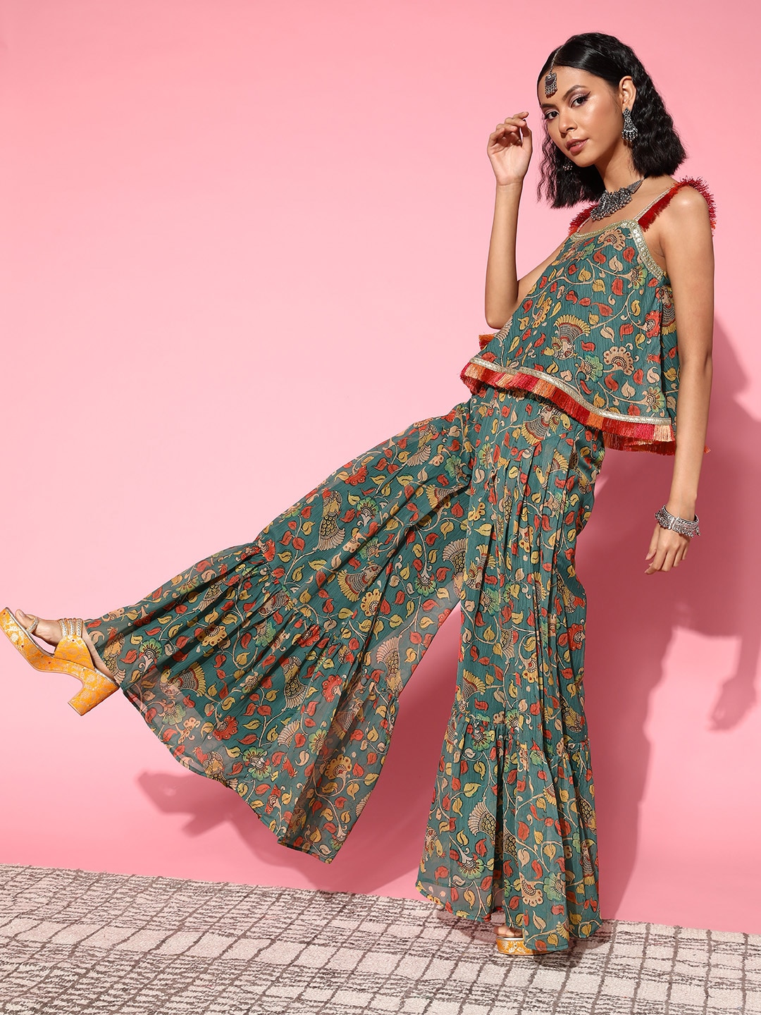Inddus Women Stylish Green Printed Top With Palazzos Price in India