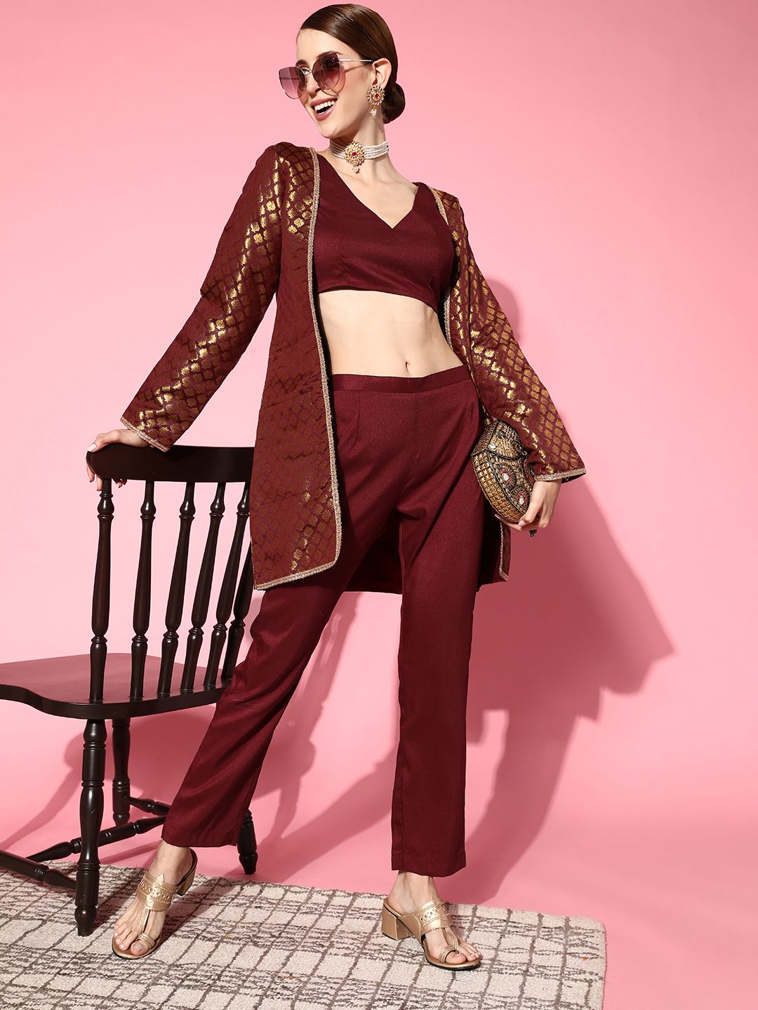 Inddus Women Attractive Maroon Solid Top With Trousers Price in India
